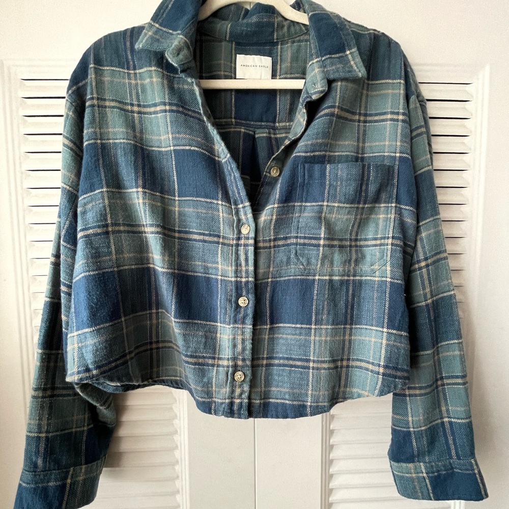 Cropped Blue and green striped American Eagle flannel